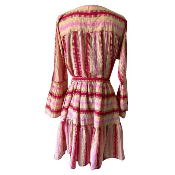 Cece Cabana Striped Cotton Long Sleeve Belted Dress S M Pink Yellow - Picture 3 of 9